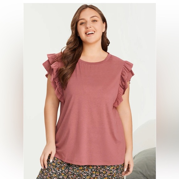 BloomChic Plus Size 2XL Solid Crew Neck Ruffle Short Sleeve Shirt us18-20 - Picture 3 of 7